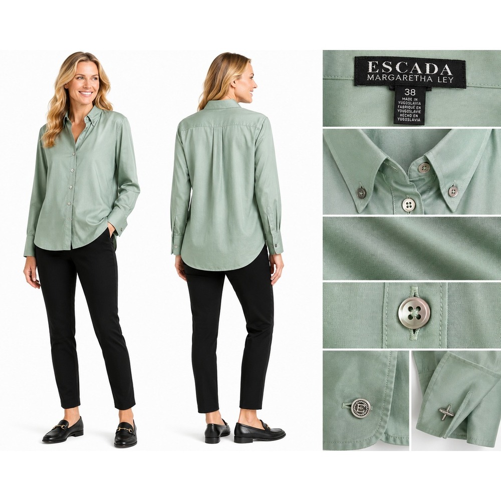 Escada‎ Button Down Women 38 Green Margaretha Ley Cotton Long Sleeve Logo Button